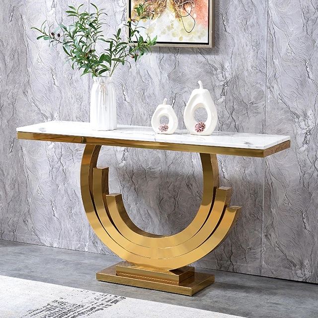 Customized Home Furniture Living Room Rectangle Side Tables Gold Stainless Steel Legs Marble Top Entryway Console Table