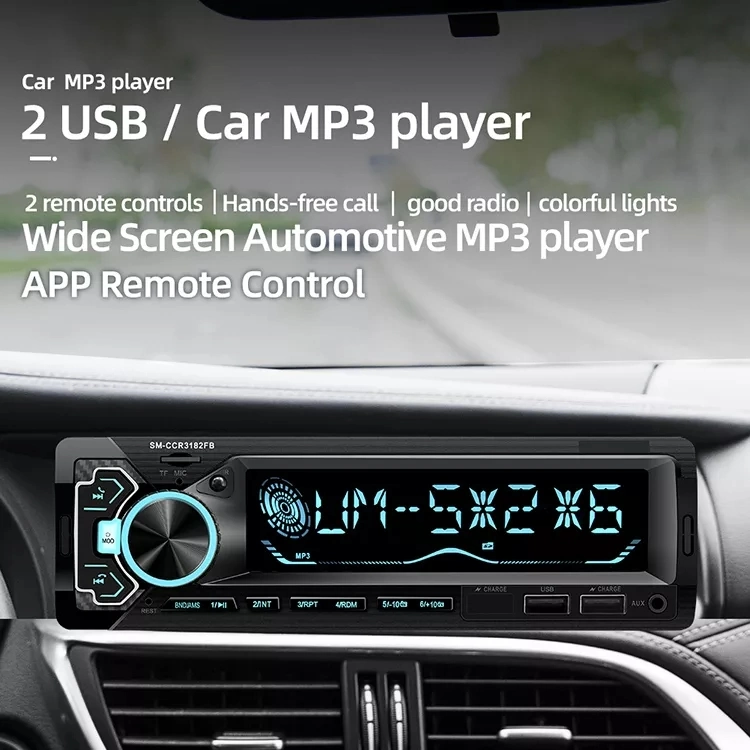Um tocador de MP3 de áudio para carro com Bluetooth e duas portas USB.