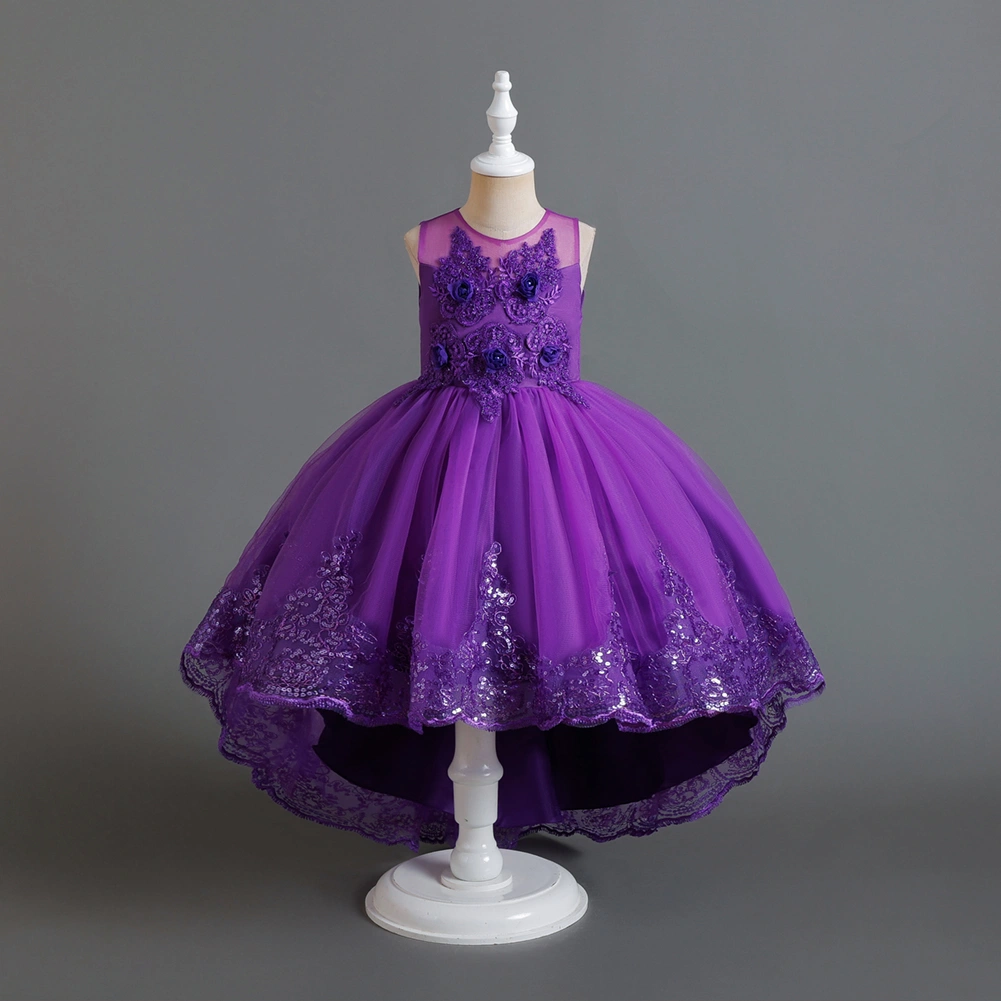 Vestido de bola brilhante de luxo para flor com padrão rosa para rapariga Vestido de casamento menina Tail longo Rosa aniversário vestidos para 3a12 Anos