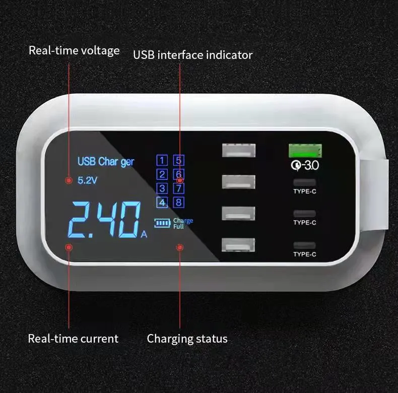 chargeur USB multiples, 8 ports Station de charge de bureau avec une charge rapide 3,0 port USB, Port de type C et écran LCD pour les téléphones intelligents, comprimé et plus