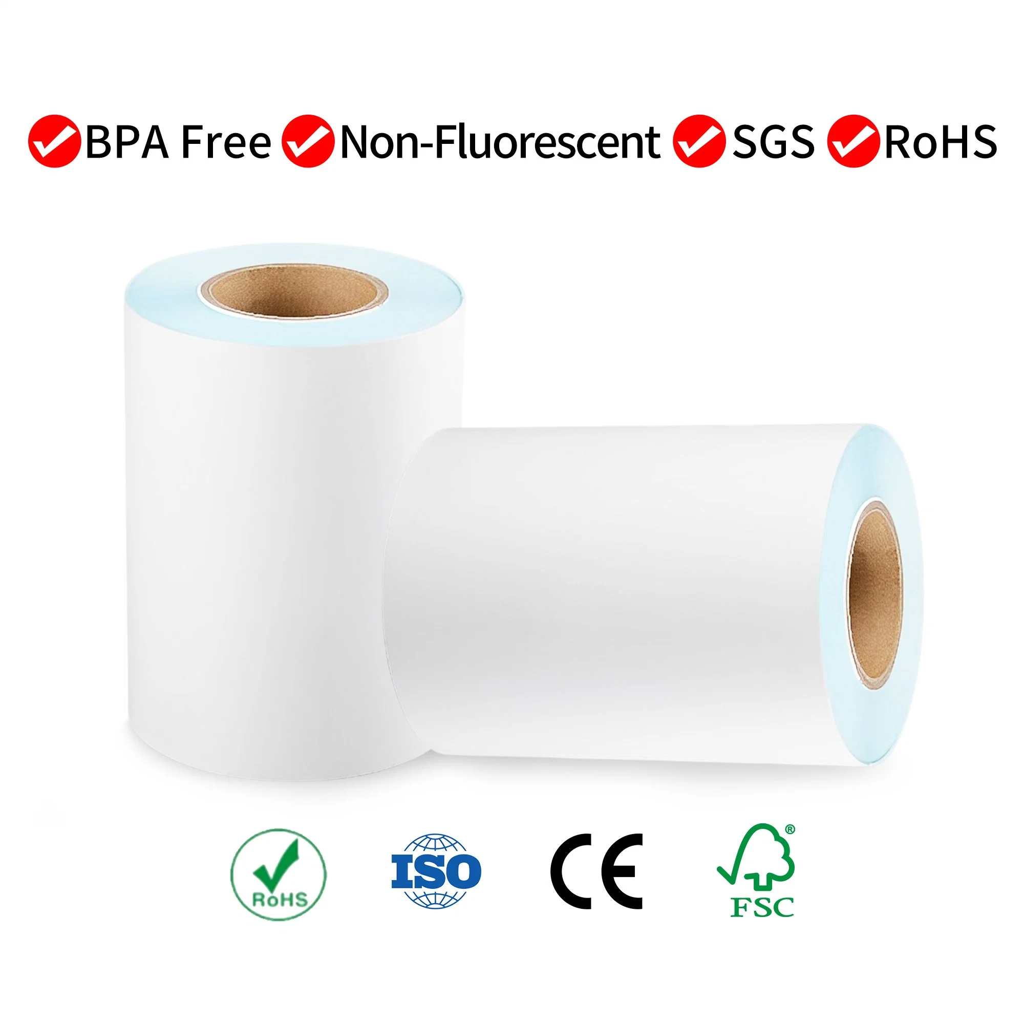 Self Adhesive Direct Thermal Label Material in Jumbo Roll for Shipping Logistics Sticker Label-70gthermal Paper/16g Hot Glue/58g Blue Glassine