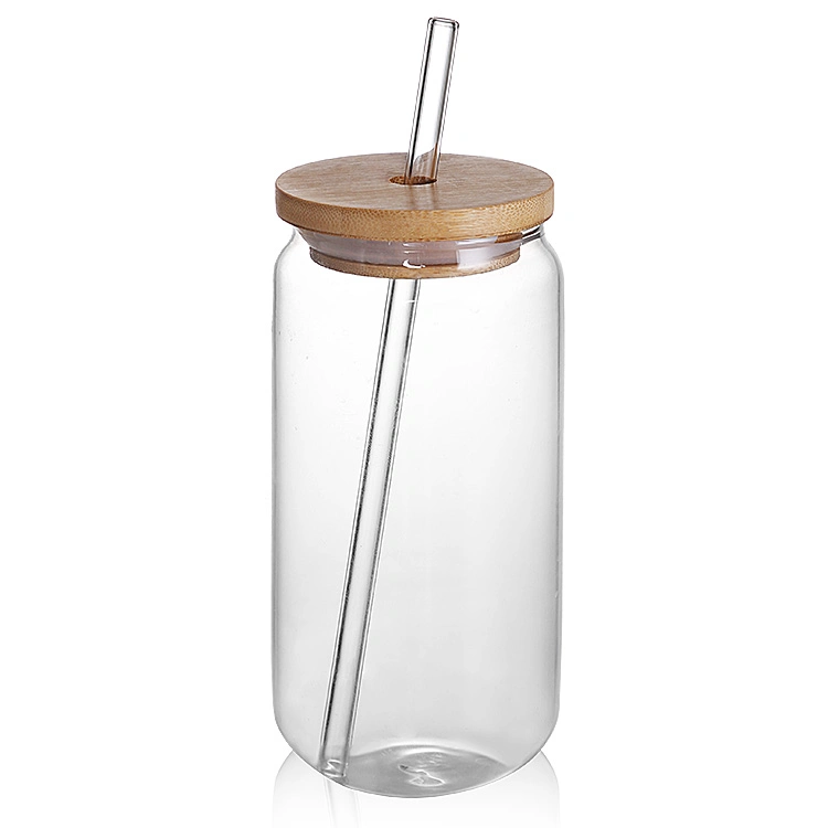 Drinking Glass Cup with Bamboo Lid and Clear Straws Top Seller 12 Oz 16 Oz Cola Can Glass