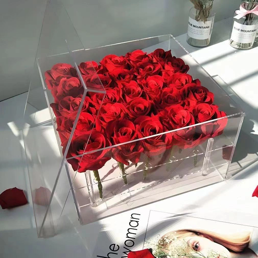 Factory Customized Square Clear Acrylic Flower Storage Boxes Acrylic Rose Gift Box