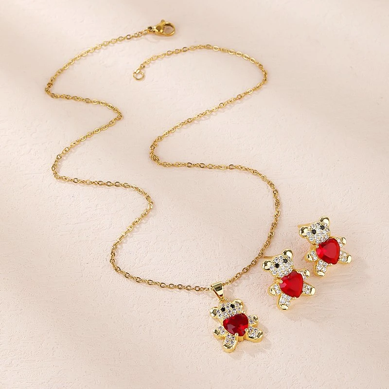 Wholesale Fashion Jewellery Set Bear Pendant Necklace and Earring Gold Jewelry Set for Ladies