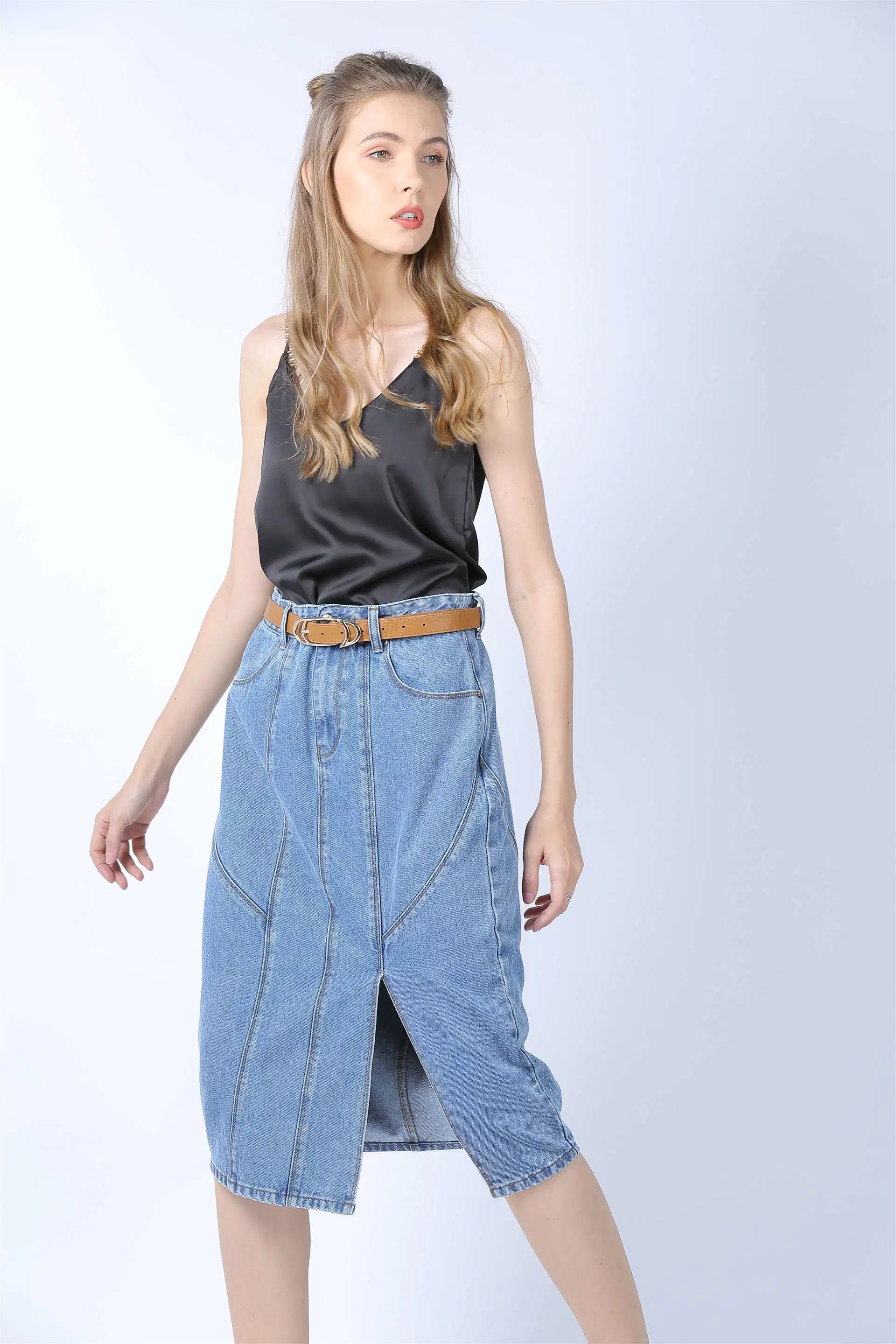 Hot Summer Ladies a-Lined Enzyme Wash Denim Slit Skirts