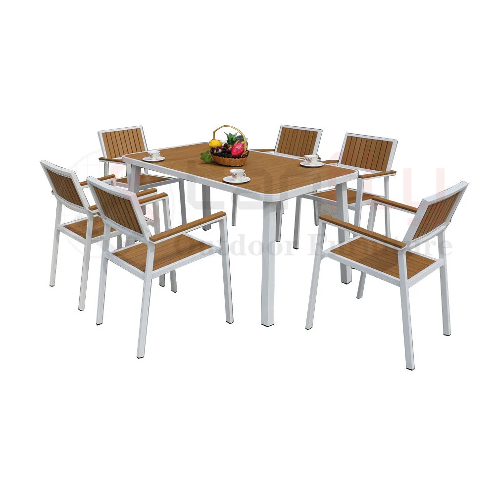 Mobiliário de jardim exterior 6 cadeiras e mesa de jantar alumínio Pátio com madeira
