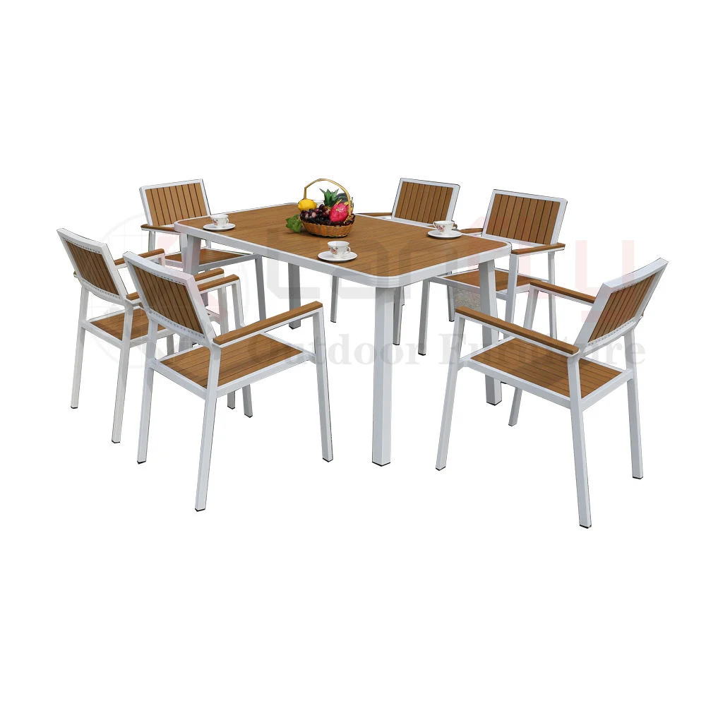 Meubles de jardin extérieur 6 sièges Table et chaises de salle à manger aluminium Patio avec bois