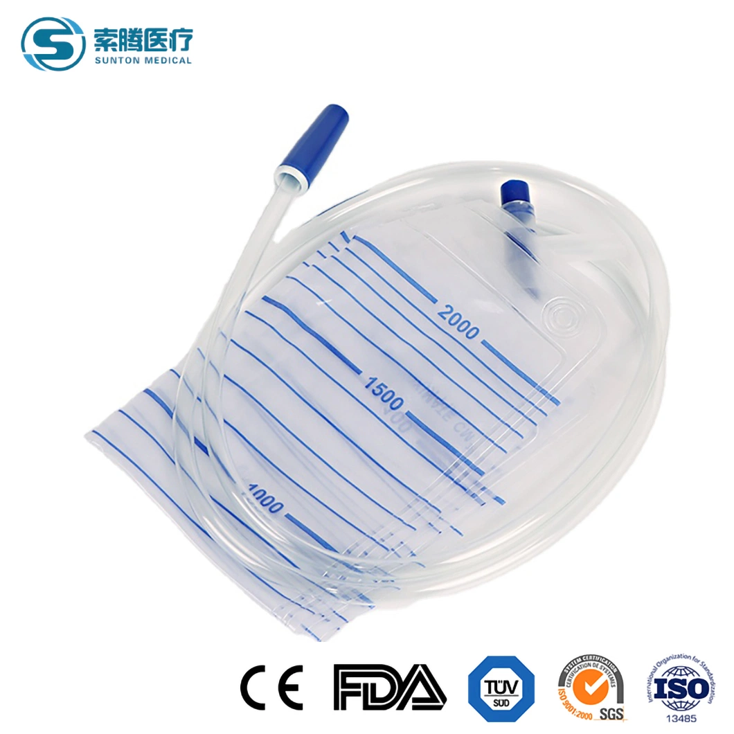 China Bolsa Urometer Sunton proveedores CE bolsas desechables desechables de orina de viajes de alta calidad de la bolsa de catéter de PVC de Médicos de la mujer 2000ml de orina bolsa de drenaje con válvula