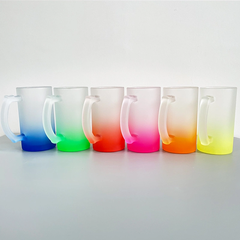 USA Warehouse 16oz Ombre Color Gradient Colorful Iridescent Glitter Rainbow Pint Blank Sublimation Frosted Beer Glass Mugs with Handle for Iced Coffee