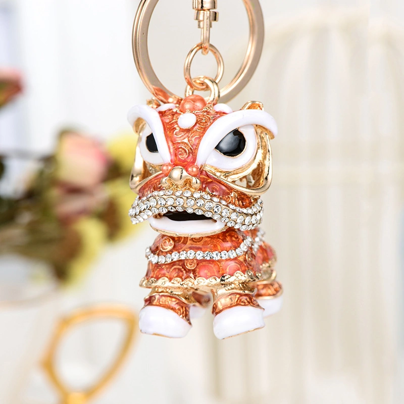 Chinese Style Rhinestone Lion Dance Metal Car Accessories Creative Keychain