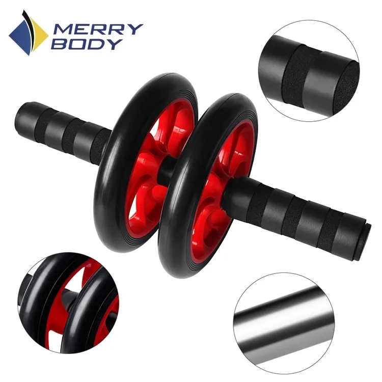 Exercise Mute Power Stretch Muscle Resistance Trainer Band Double Ab Wheel Abdominal Roller