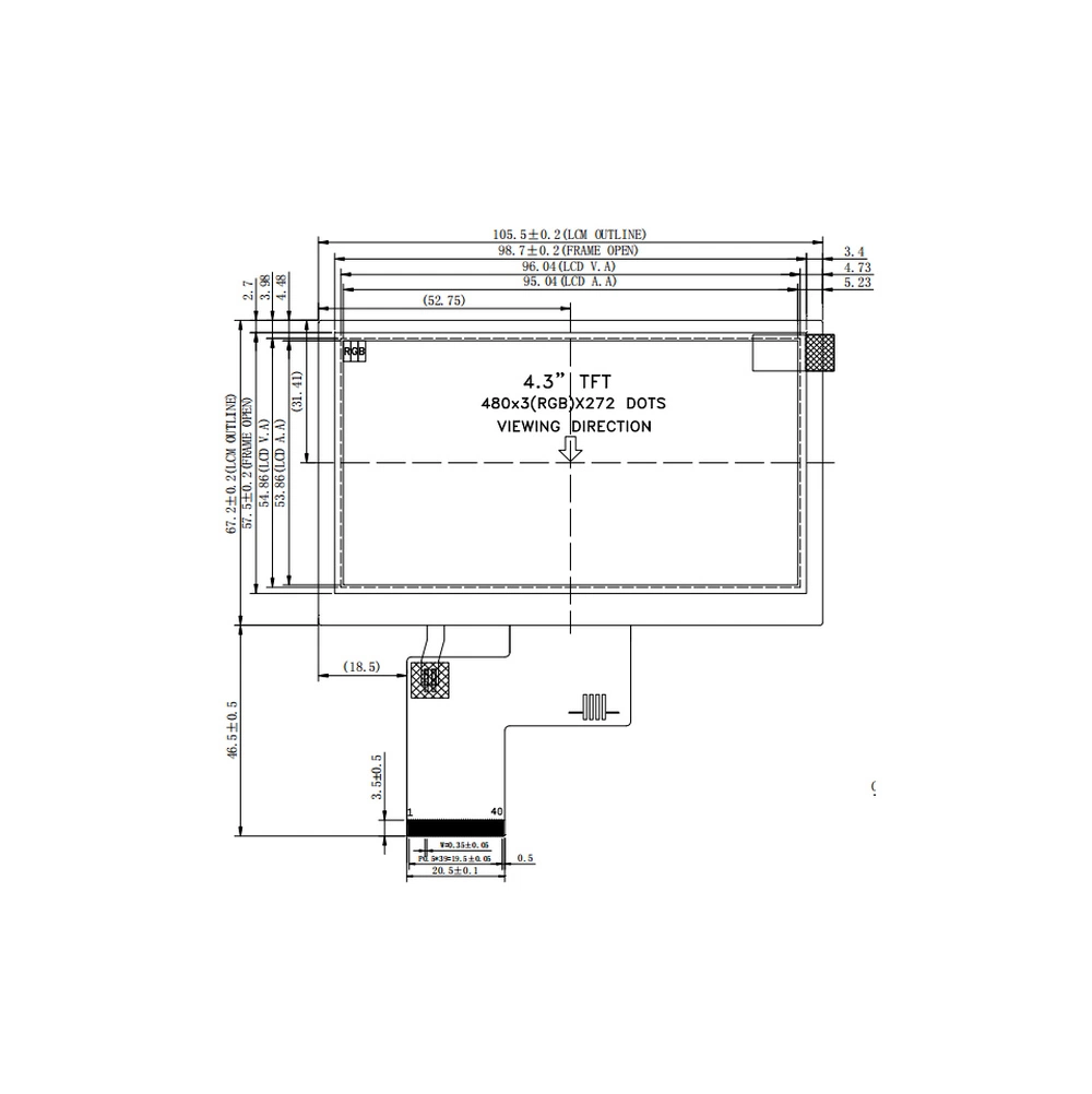 Ângulo de visualização das 12 horas 480 * Ecrã LCD TFT de 272 pixels e 4.3" IPS