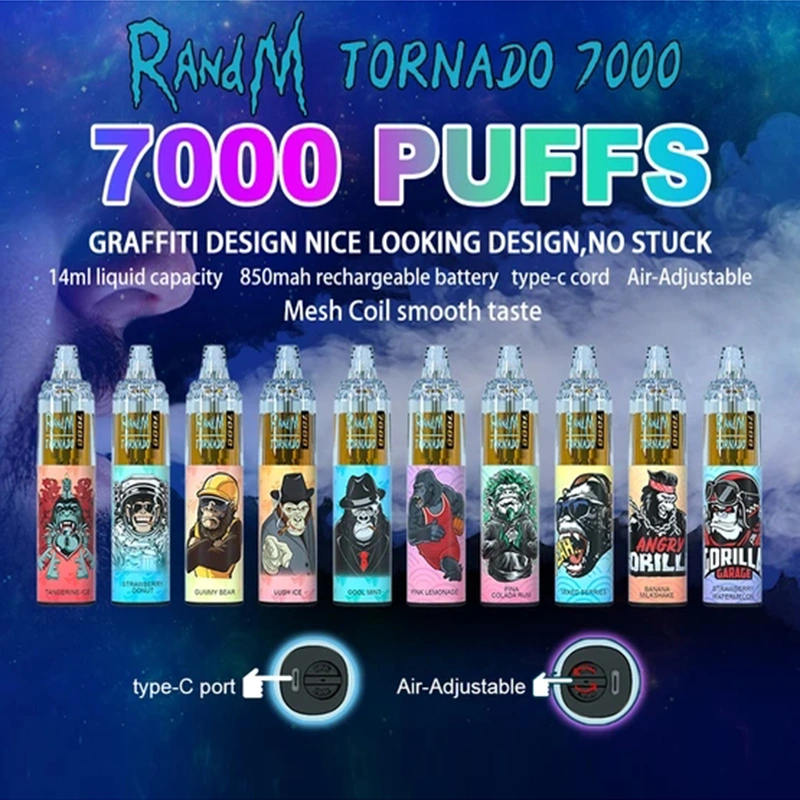 Werksverkauf Direkt Randm Tornado 7000 Puffs Wiederaufladbarer Vape Pen 14ml E-Liquid mit RGB-Licht