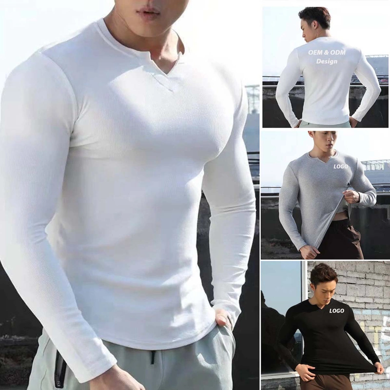 T-shirt de atletismo de manga comprida casual com ajuste muscular em V no pescoço Sweatshirts de algodão de ajuste estreito Basic para homem que esticam Sportswear para homem