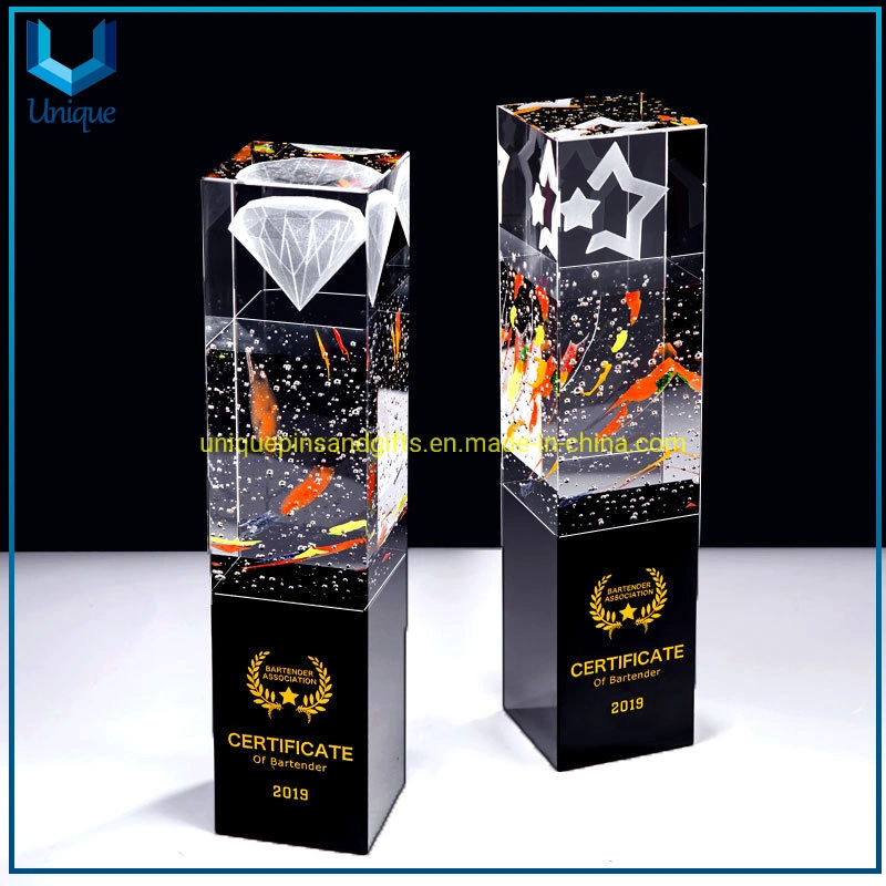 Crystal Craft Personalised Deluxe Bubble Crystals Award Trophy, Blank Gold Star Crystal Block Blank Plaque with Engnraving Logo