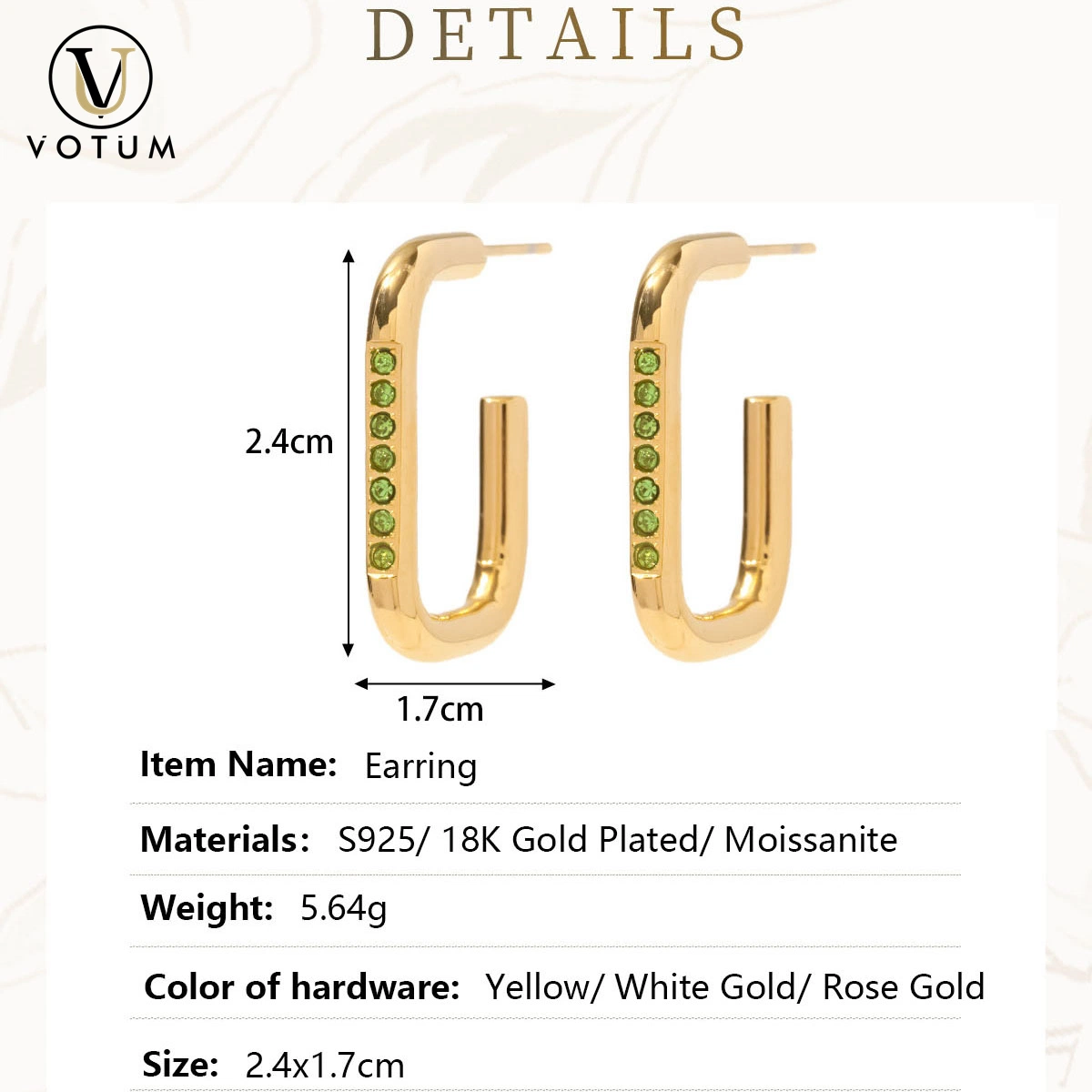 Votum Factory OEM 925 Sterling Silver Moissanite Gold Plated Diamonds Fashion Earring Jewelry