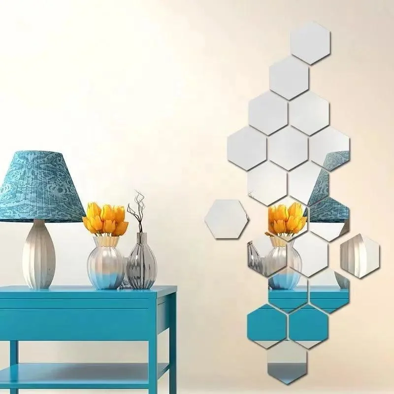 3D Self Adhesive Geometric Hexagon Silver Glass Mirror Modern Tiles Livingroom Background Wall Decor