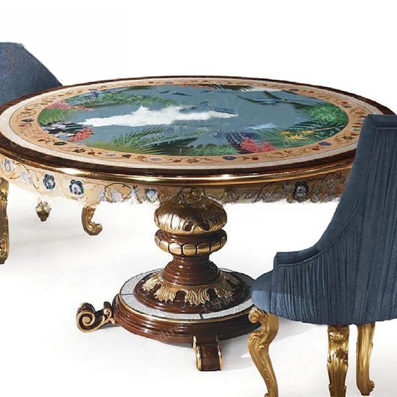 Estilo Europeo Villa Francesa Grande Familia elegante y romántica concha tallada Mesa redonda clásica de madera maciza y conjunto de sillas