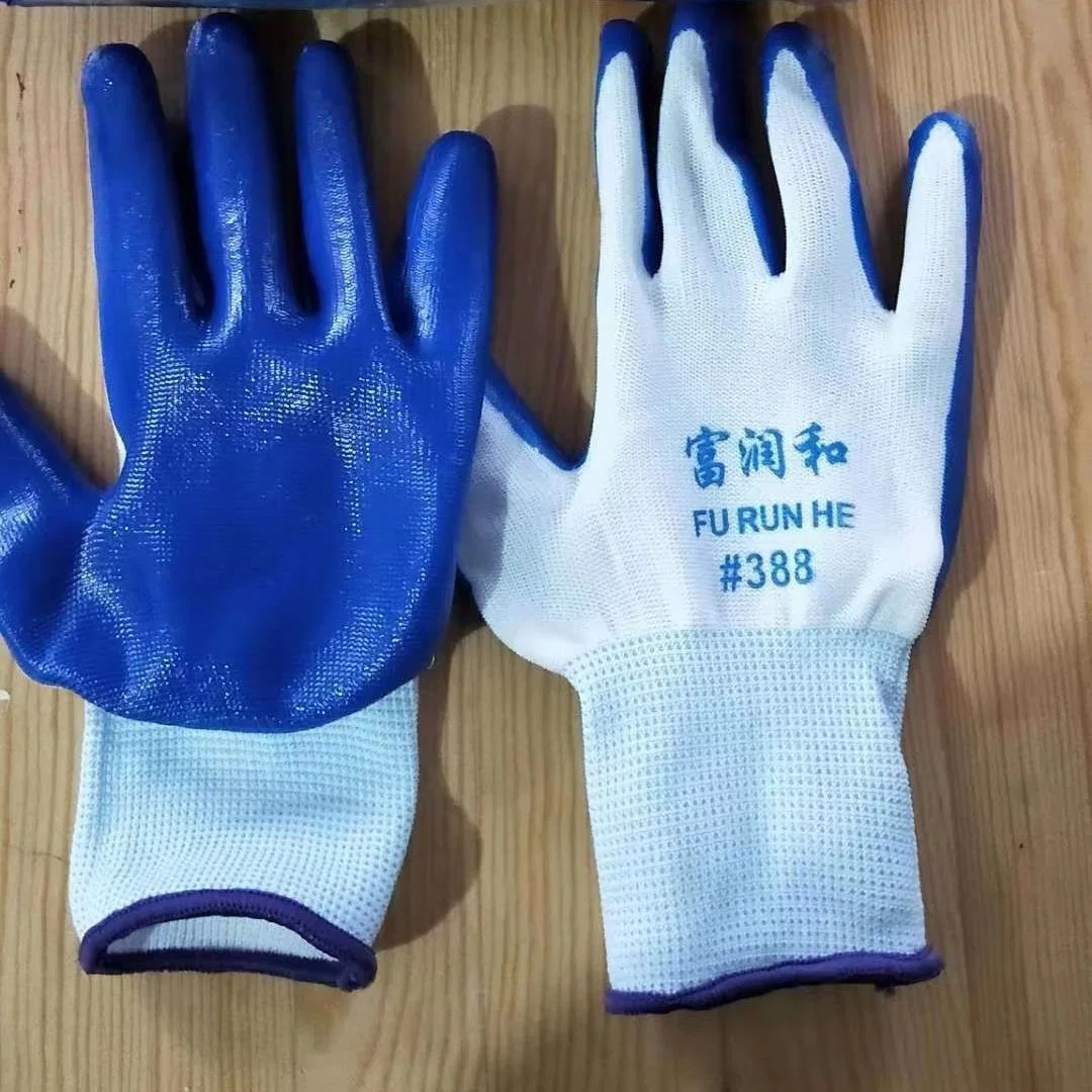 Breathable White Polyester Knitted Blue Nitrile Coating Work Gloves