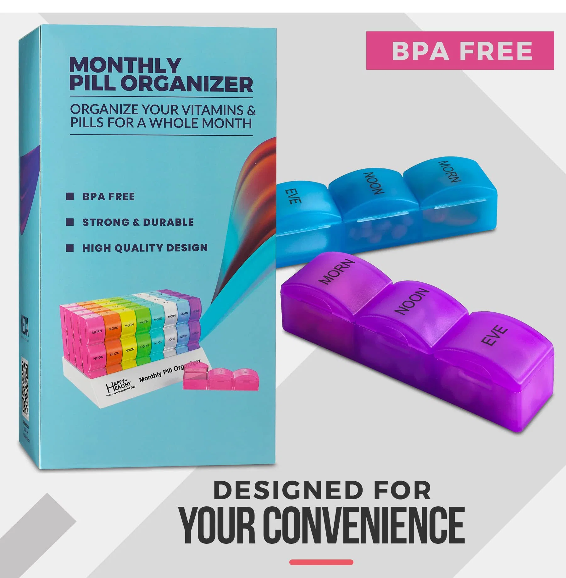 Month Pill Box Organizer - 4 Times-a-Day Morning-Noon-Evening-Night - Large 32 Daily Pill Cases Travel Monthly Pill Organizer