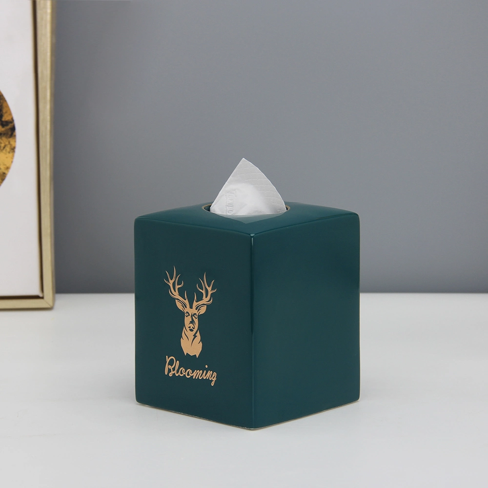 T018 High-End Ceramic Cyan Gold Tissue Box Holder Christmas Tissue Box Decor Home Porcelain Deer Square Box Tissue