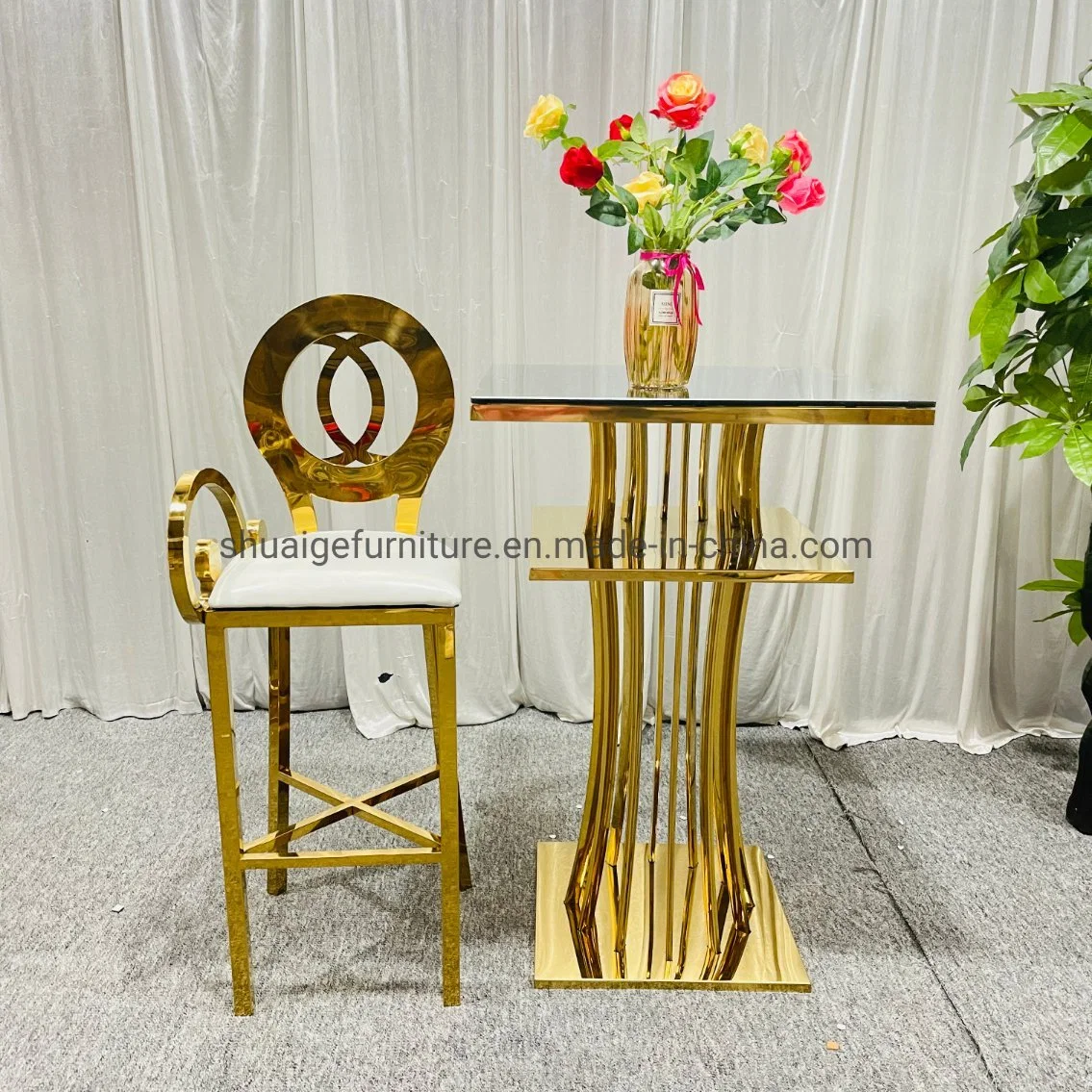 Round Back Bar Chairs Gold Stainless Steel with Arms and PU Cushion