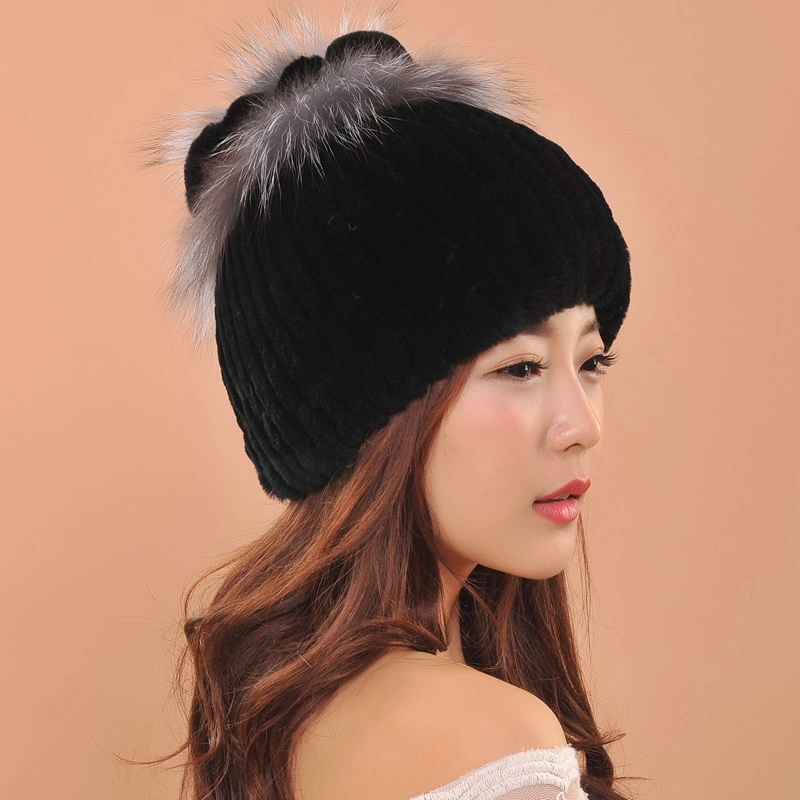 Boné com gorro Fat Ball Fashion Fur Russia Fur Hats Beanie Thick Boné Winter Real Soft Natural Rex Rabbit