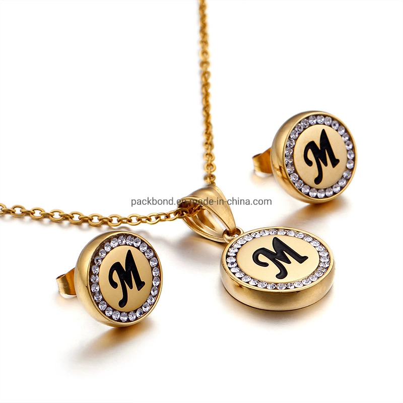 Nouvelle Mode 26 lettres de bijoux en or 18K en acier inoxydable 316L Alphabet de diamant pendentif Charm Lettre Collier initiale court jeu de charme Necklace Earring