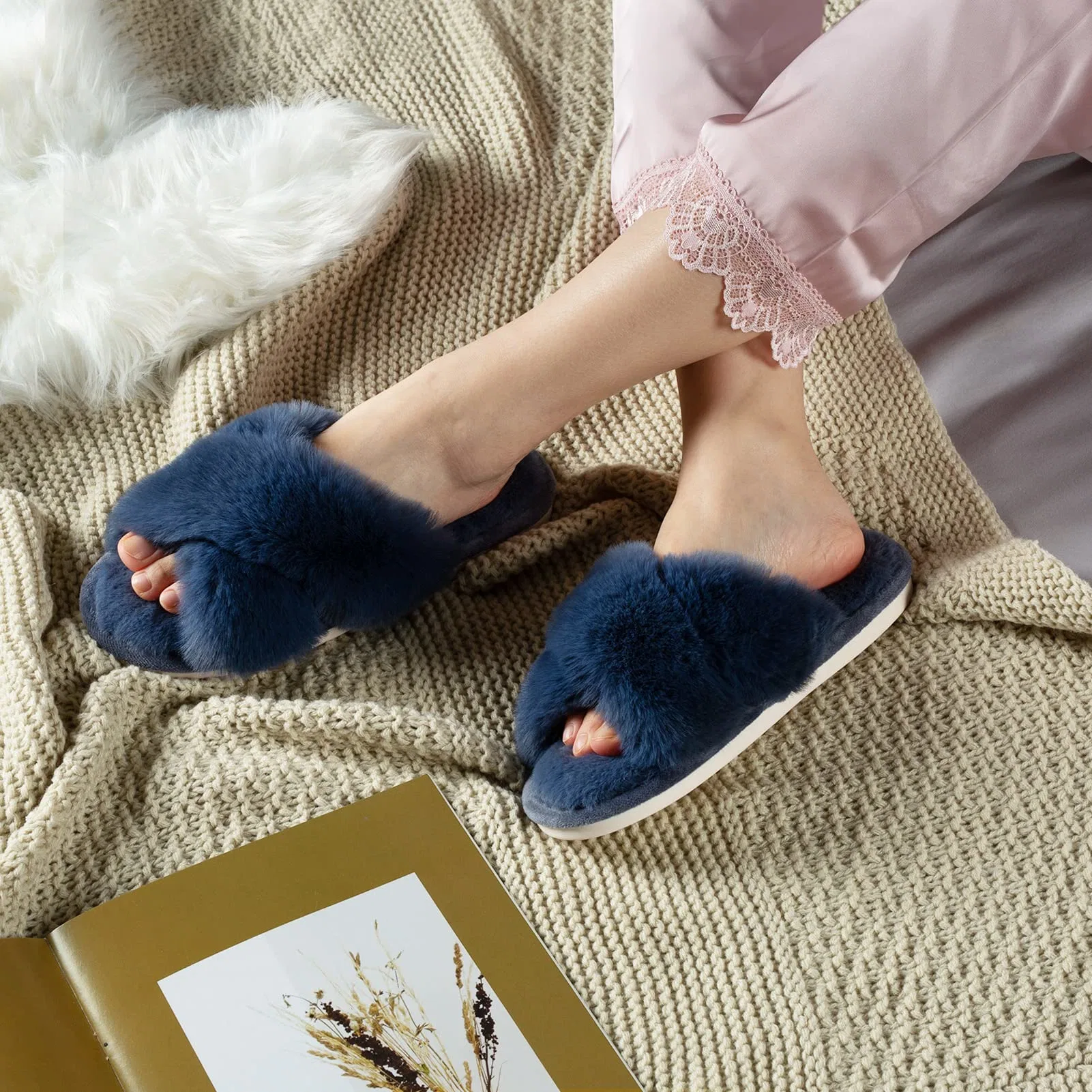 Fluffy Furry Open Toe House Shoes Indoor Outdoor Slide Slipper