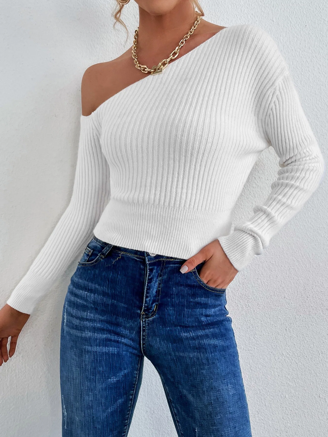 One Shoulder Fashion Autumn Winter Sweaters Cropped Oblique Collar Sexy Knitted Sweater Women Asymmetrical Pullovers