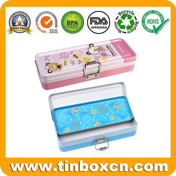 Double-Deck Stationery Metal Tin Box with Latch for Pencil Case