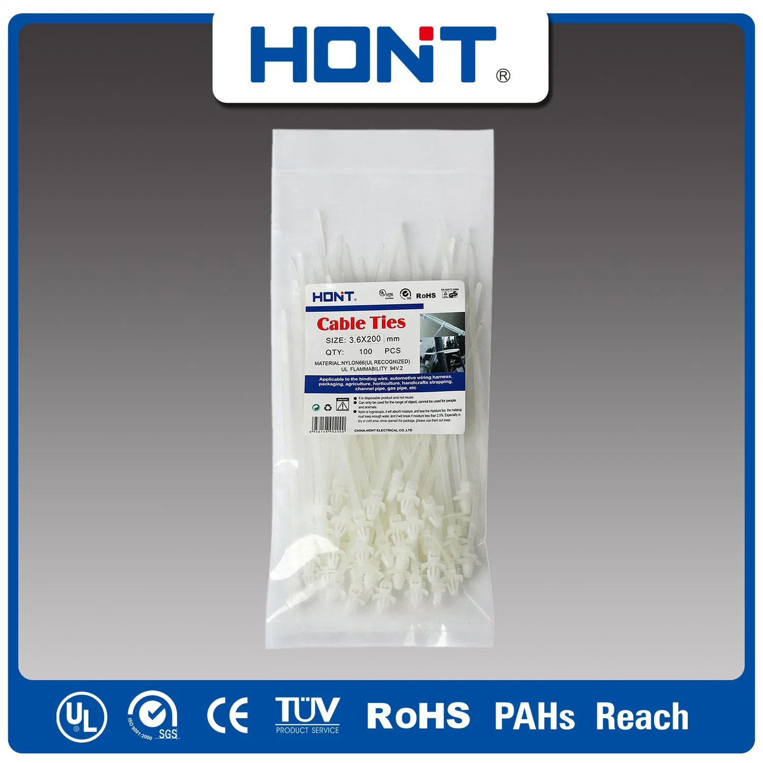 2.5/3.6/4.8/7.2/9/12 ISO Approved Hont Plastic Bag + Sticker Exporting Carton/Tray Label Tag Nylon Cable Tie