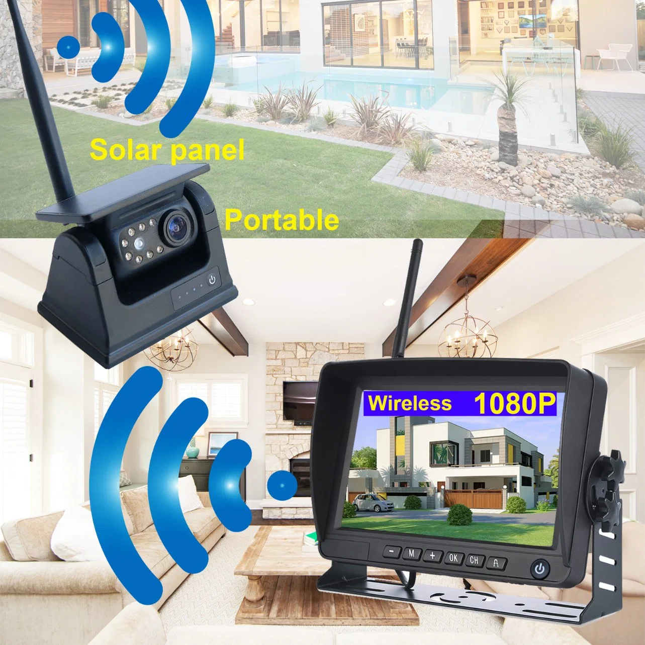 7'' Digital Wireless DVR Monitor HD Backup Reversor Solar Recargar Cámara