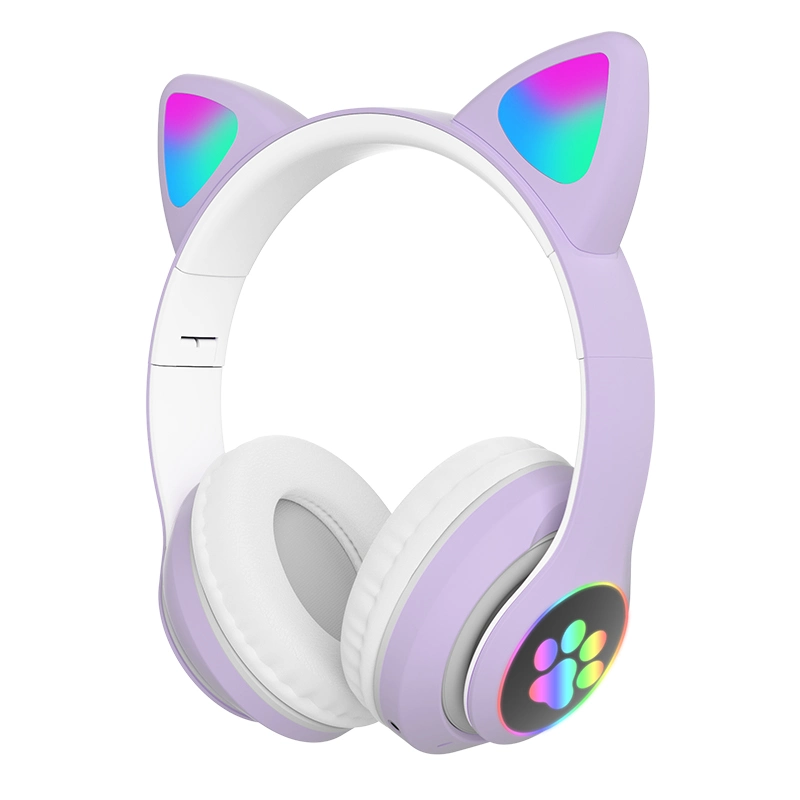 Cute LED Glowing Cat Ear Heavy Bass Stereo Wireless 5.0 Overhead Headphone with Mic for Childern Gift