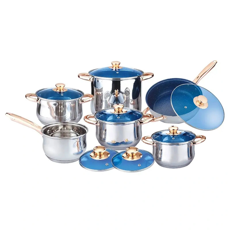 12PCS Poêle à frire Pot à lait Casseroles antiadhésives en acier inoxydable Ensembles de cuisine à induction Couvercle en verre bleu pour l'Amérique du Sud.