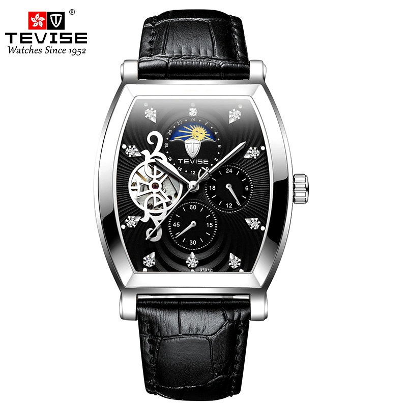 Tevise Hombre automático Reloj de viento Pulsera de acero inoxidable Luna mecánica Fase Tourbillon Wristwatch de moda