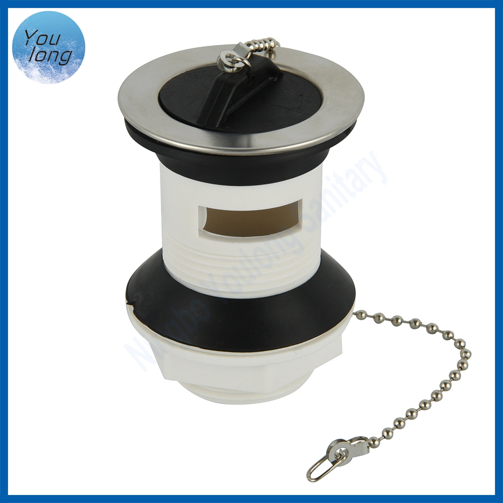 Slotted White Plastic Basin Waste with Black Plastic Plug & Chain