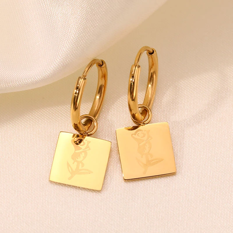 Factory Wholesale/Supplier Titanium Steel Square Rose Flower Elizabeth Portrait Coin Earrings