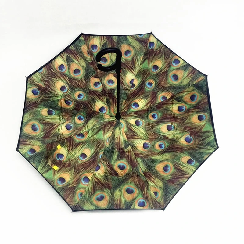 Reverse Umbrella Fully-Automatic Double Layer Printing Inverted Windproof C-Hook Hands Rain Car Large Umbrellas for Women