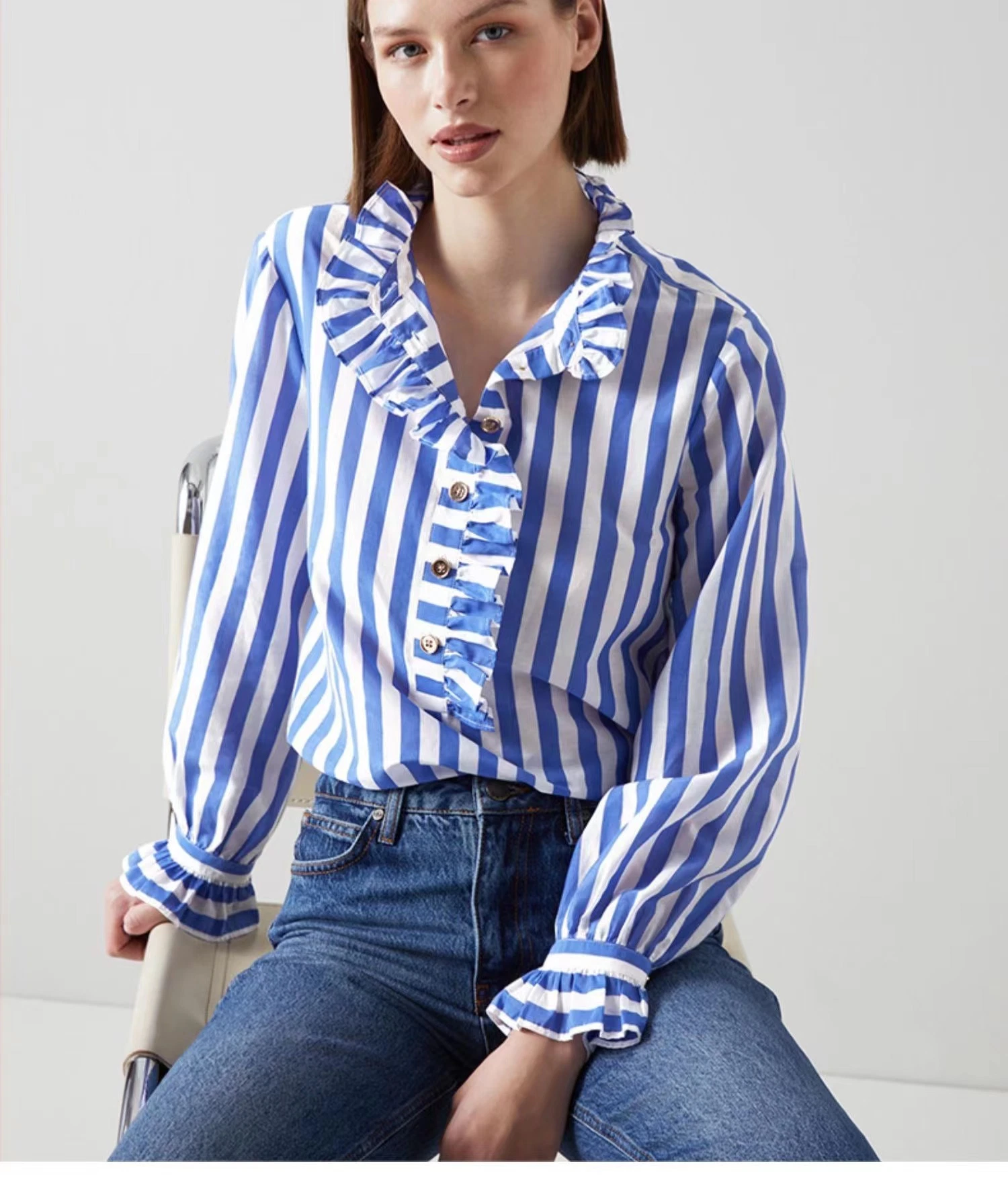 Ladies High quality/High cost performance  Striped Cotton Flare Placket Bell Cuff Shirt Blouse