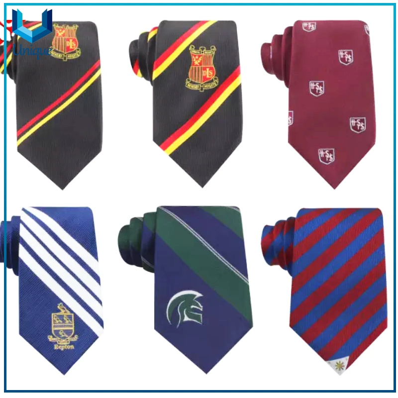 Cheap Imitated Silk Promotional Gift Tie, School Logo Customed Design Necktie, Jacquard Stripe Novelty Tie