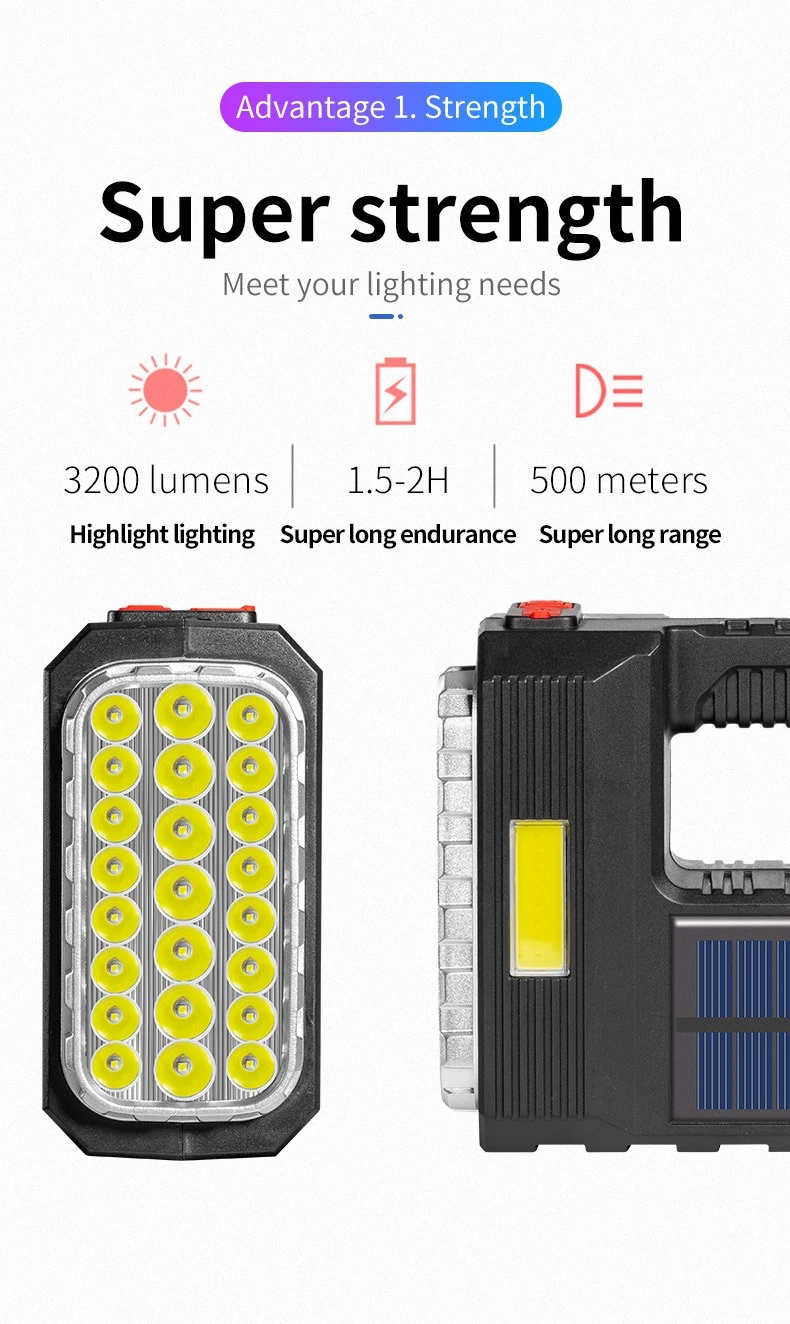 5 в 100 мА Солнечный COB Flashlight с 20 СВЕТОДИОДАМИ для использования вне помещений Осмотр кемпинга Экстренная портативная водонепроницаемая светодиодная вспышка фонарик