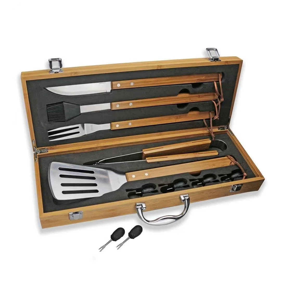 Reusable Stainless Steel and Wooden Barbecue Set with Wooden Box