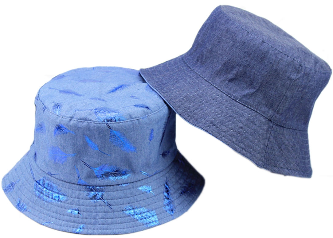 Fashion Reversable All Over Shining Glint Gold Silver Foil Feather Print Cotton Denim Fishing Bucket Hat Cap