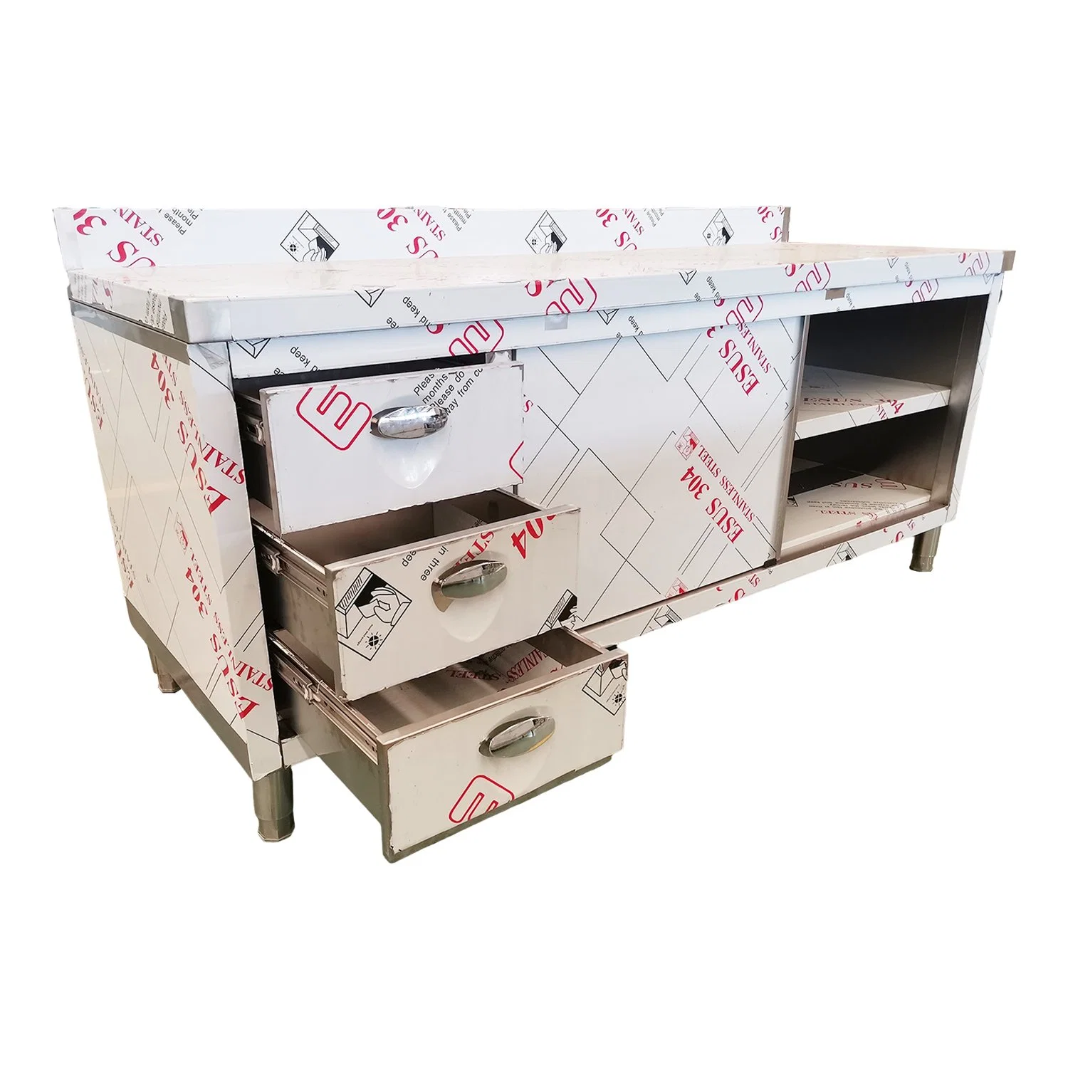 Good Quality Stainless Steel Double Doors Kitchen Work Bench with Three Drawers