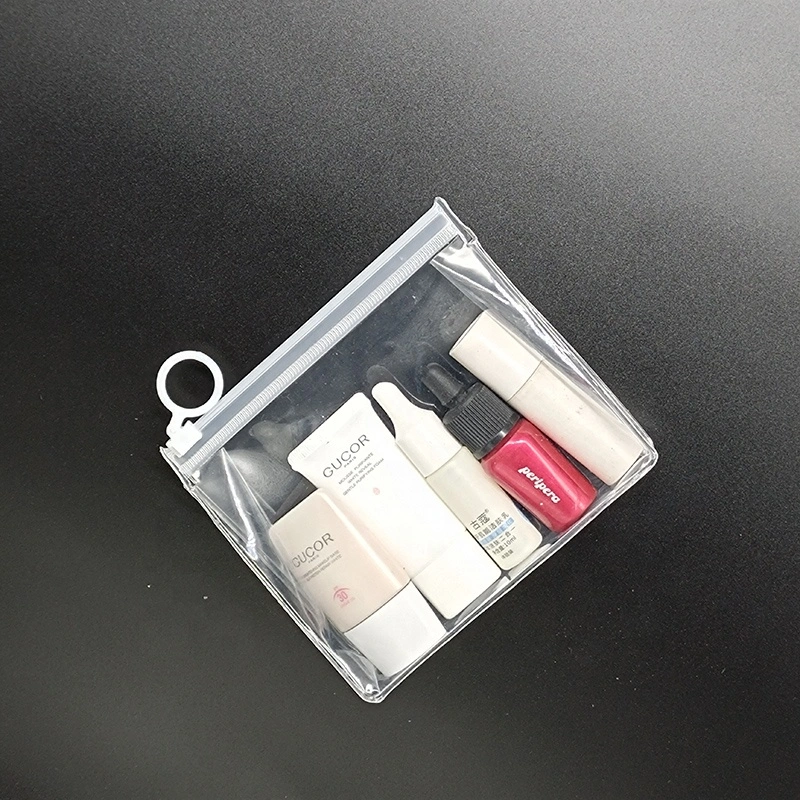 Hot Selling Plastic Waterproof Cosmetic Bag Zipper Small Clear Zipper Cosmetic Samples Packaging Bag with White Round Puller