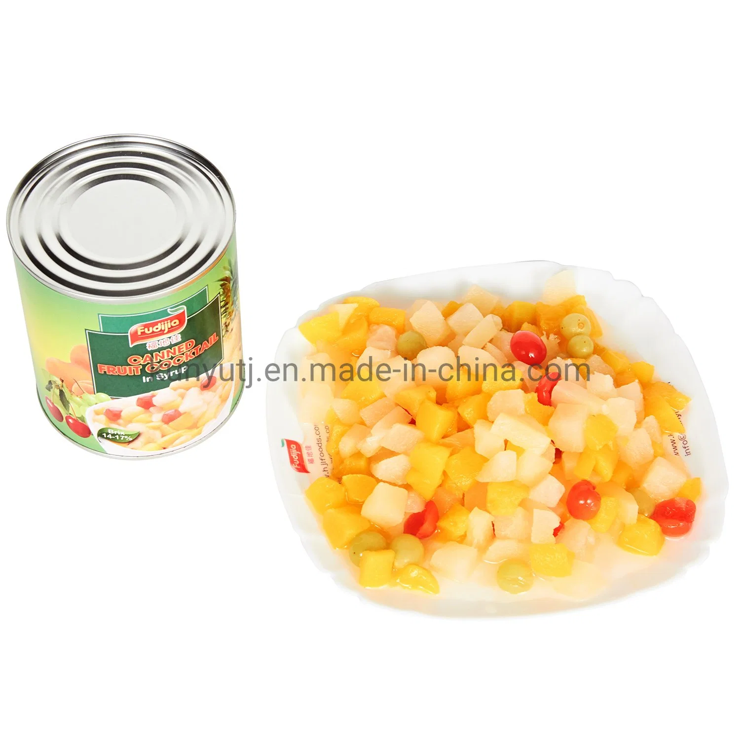 Conservas de Frutas frescas las conservas de cóctel con amarillo el melocotón, pera, piña, uva, cerezo