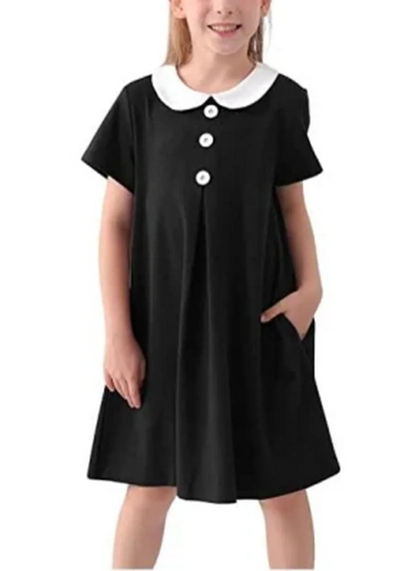 Girl White Peter Pan Collar School Uniform Short Sleeve Jumper Polo Dress for 4-14t