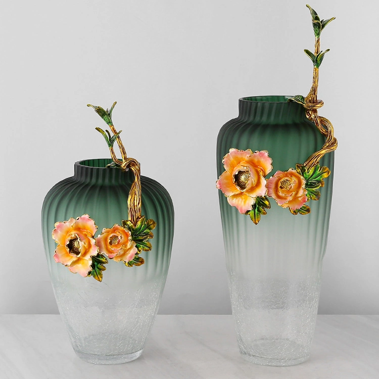 Luxury Antique Chinese Farmhouse Enamel Decor Flower Pot 2022 Crack Green Glass Vase