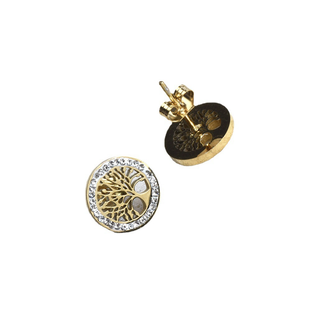 Diseño retro redondo de acero de titanio Joyería de pendientes chapado en oro de acero inoxidable Hollow árbol de la vida Zircon Stud Earrings para mujeres